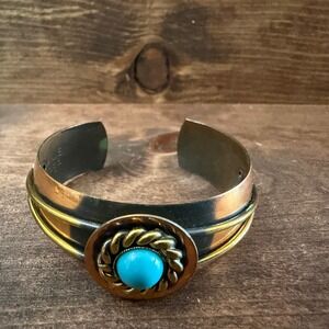 Vintage Genuine Copper Cuff Bracelet Turquoise Cabochon Brass Accents Southwest